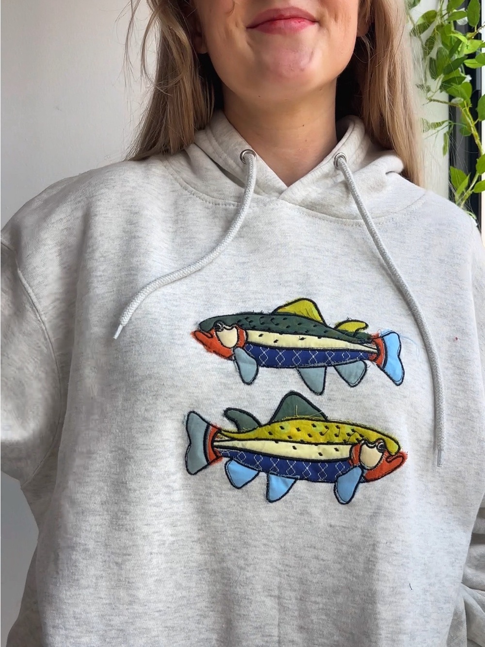 NWT Oatmeal Heather Embroidered Patchwork Fish Applique Hoodie